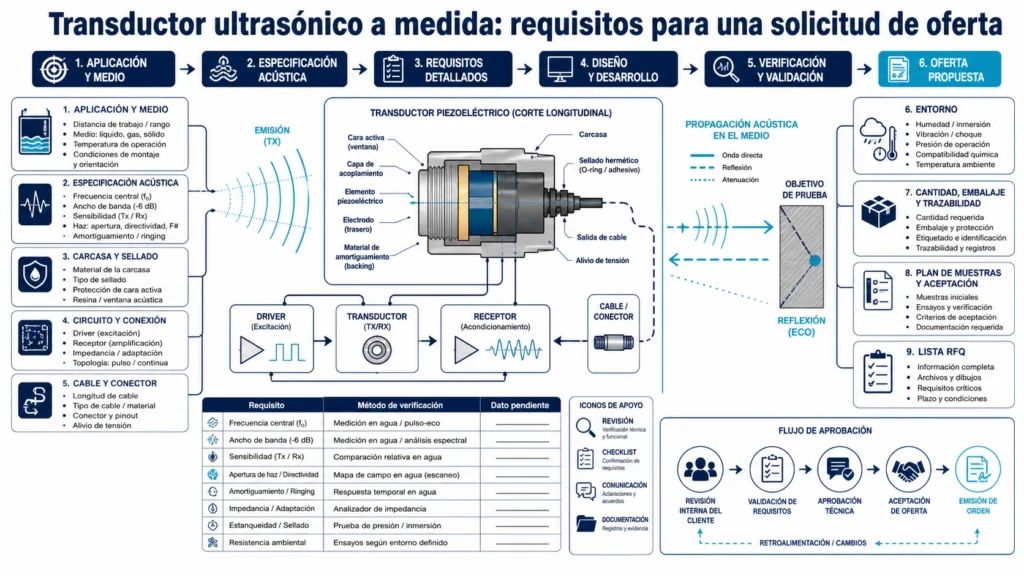 Lista técnica para solicitar un transductor ultrasónico a medida con aplicación, frecuencia, carcasa, circuito, ambiente y cantidad