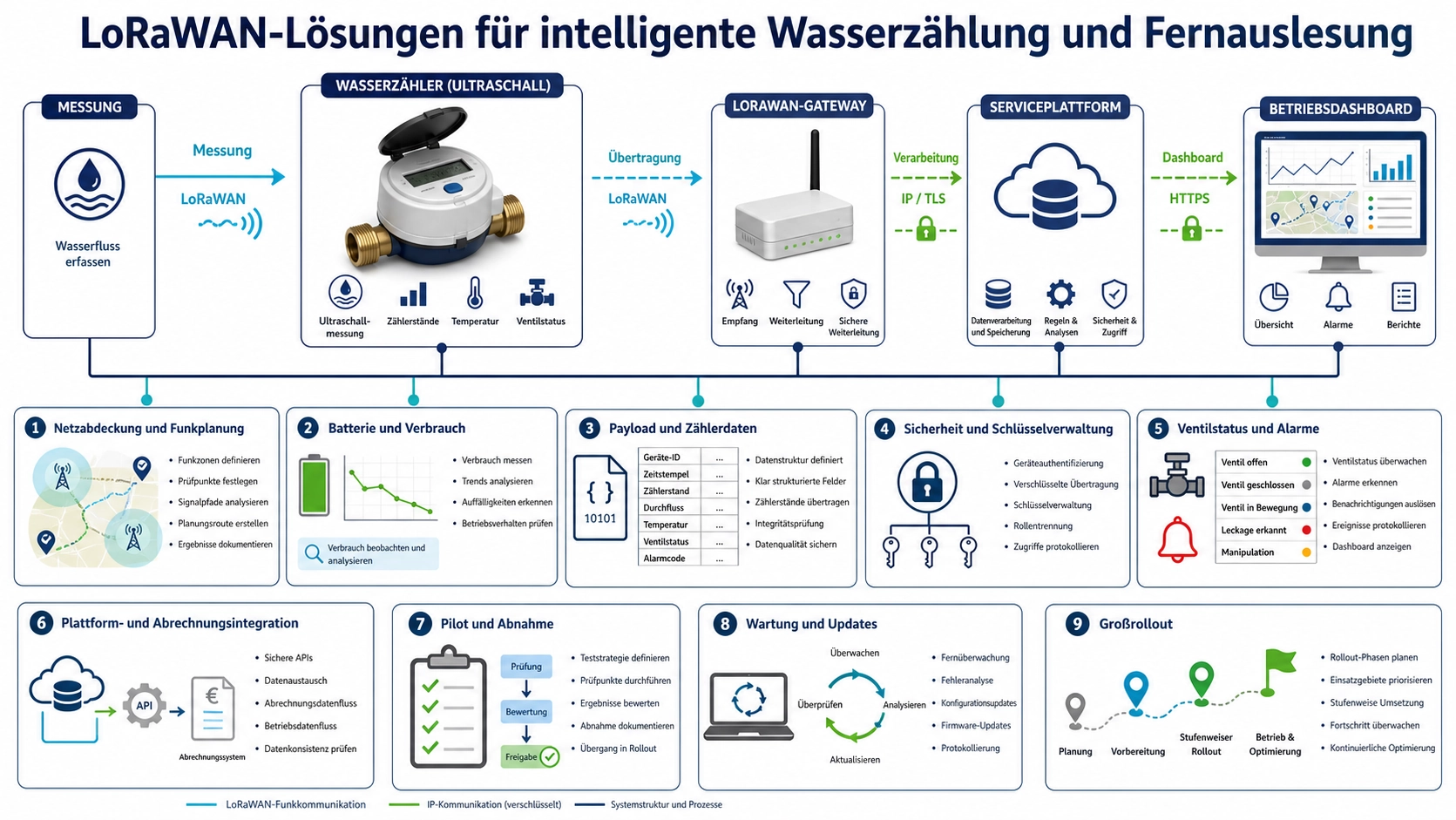 LoRaWAN-Architektur für Wasserzähler mit Messgeräten, Gateway, Netzwerkserver, Plattform und verbundenen Anwendern
