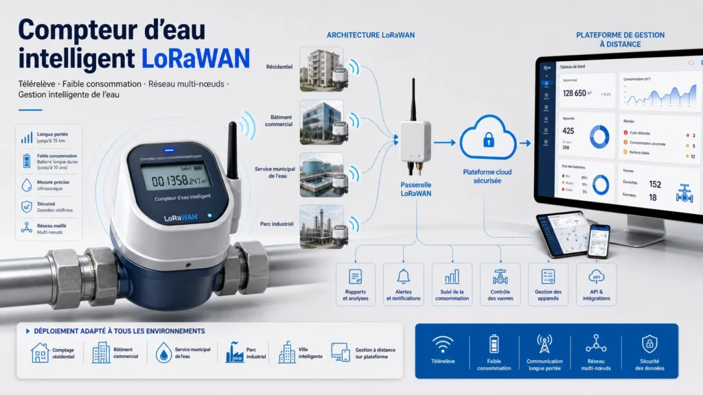 Schéma d’un système de comptage d’eau intelligent LoRaWAN avec service cloud, télérelève, lecture mobile et aide à la décision.