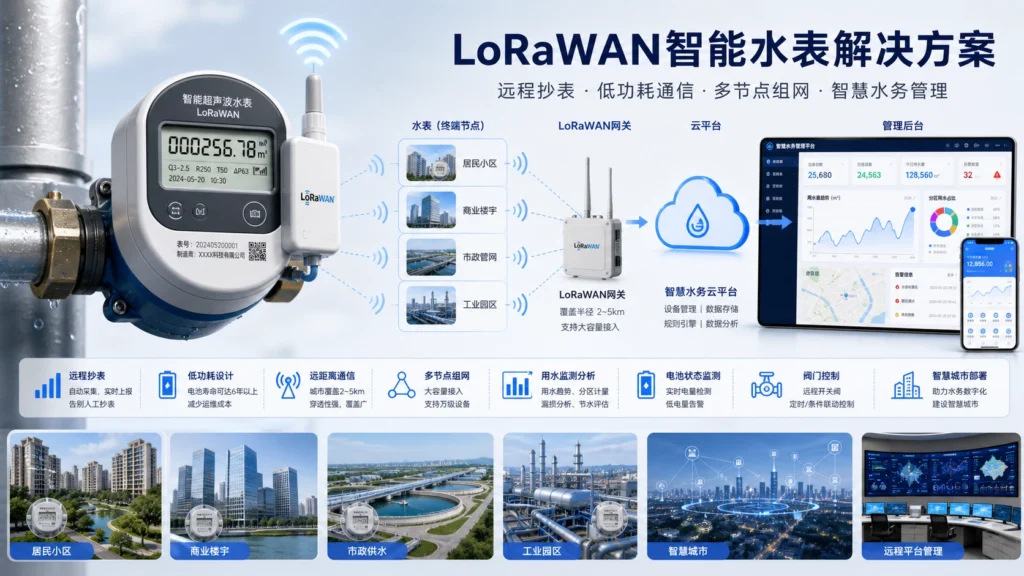 LoRaWAN智能水表系统示意图，展示云数据服务、远程抄表、手机抄表、用户核查和决策支持。