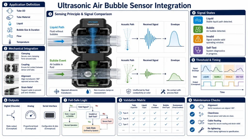 Non-invasive ultrasonic bubble sensor clamped around clear tubing with liquid and air bubble signal paths