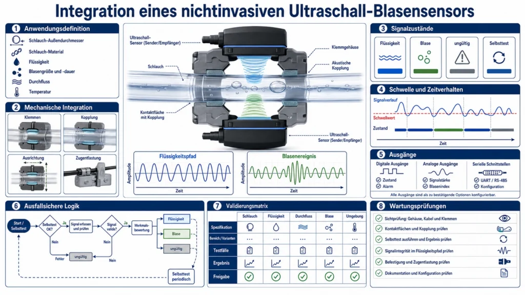 Nichtinvasiver Ultraschall-Blasensensor um einen transparenten Schlauch mit Signalwegen für Flüssigkeit und Luftblase