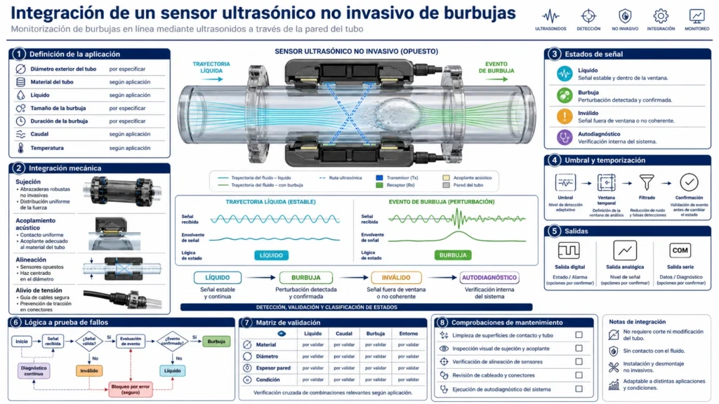 Sensor ultrasónico no invasivo sujeto a un tubo transparente con trayectos de señal para líquido y burbuja de aire