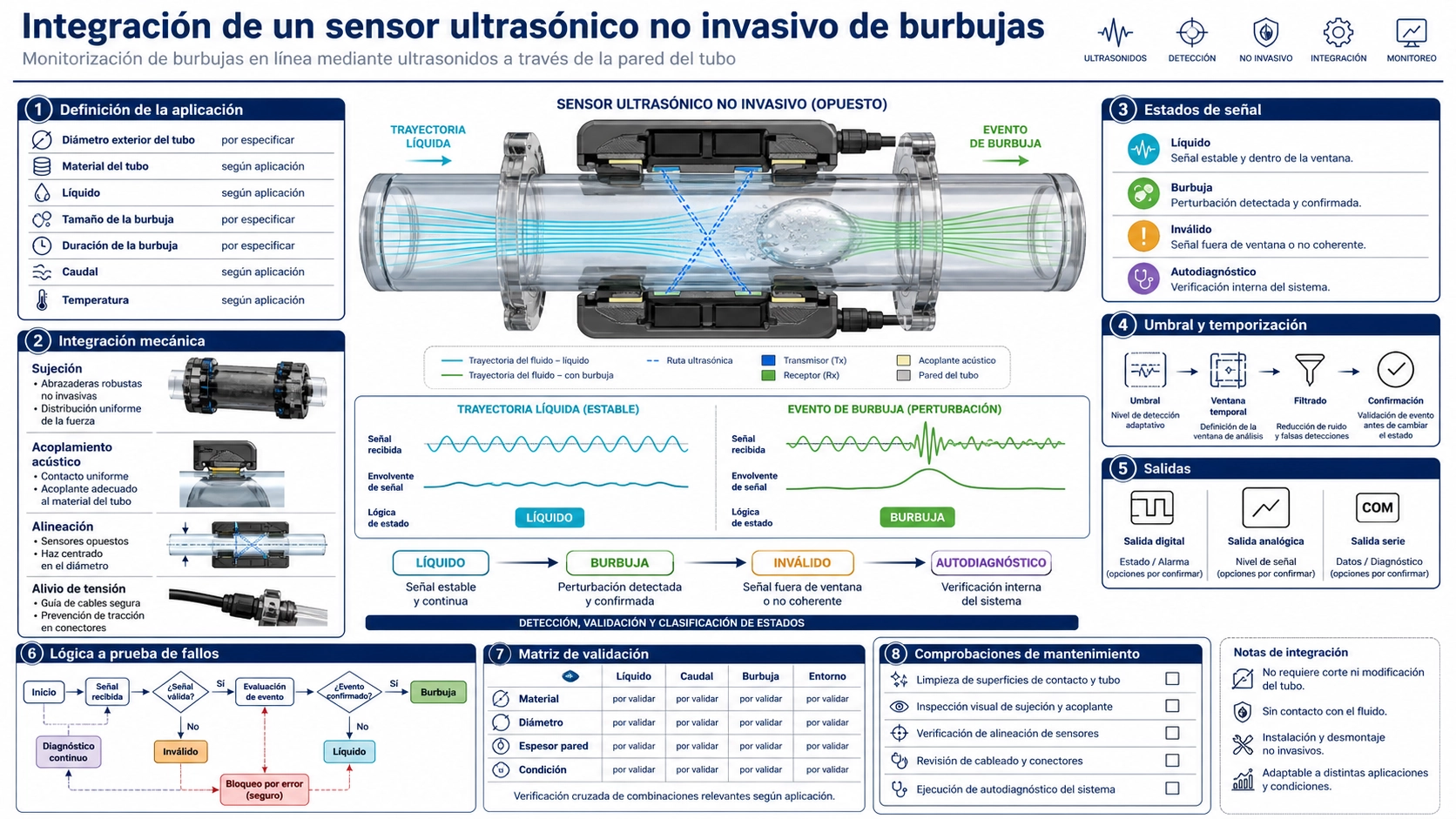 Sensor ultrasónico no invasivo sujeto a un tubo transparente con trayectos de señal para líquido y burbuja de aire