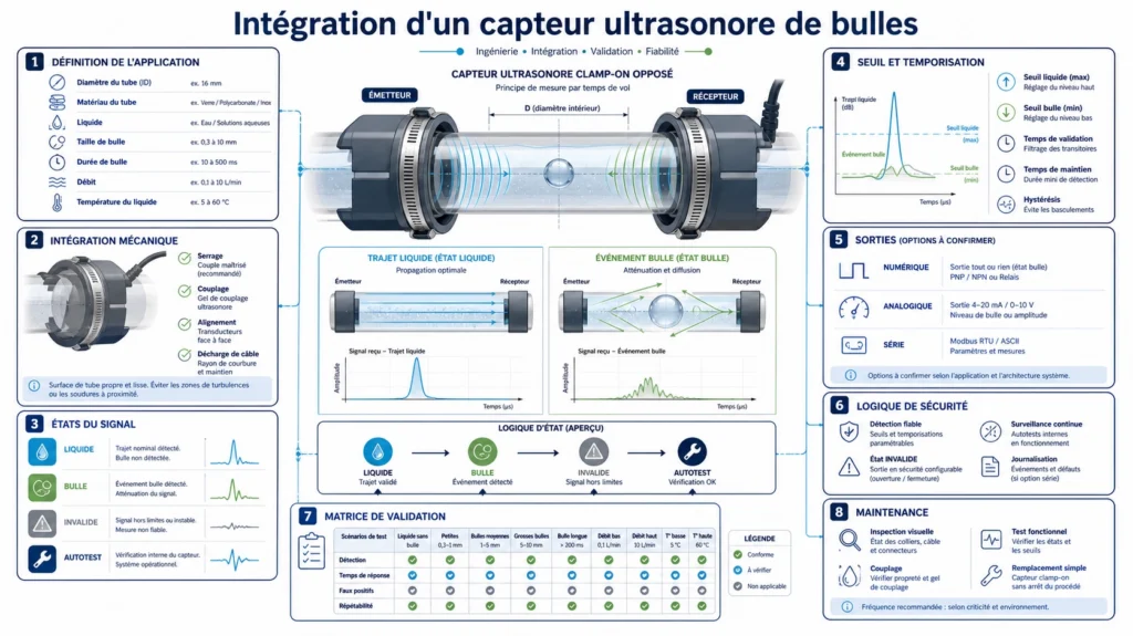 Capteur ultrasonore non invasif serré autour d'un tube transparent avec trajets du signal pour liquide et bulle d'air