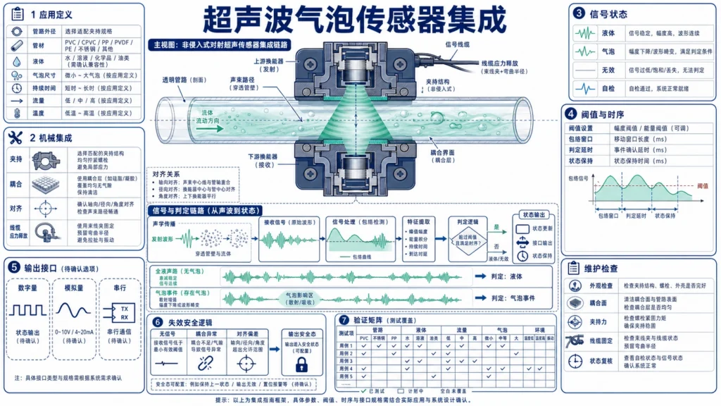非侵入式超声波气泡传感器夹持透明管路，并显示液体与气泡状态下的声路