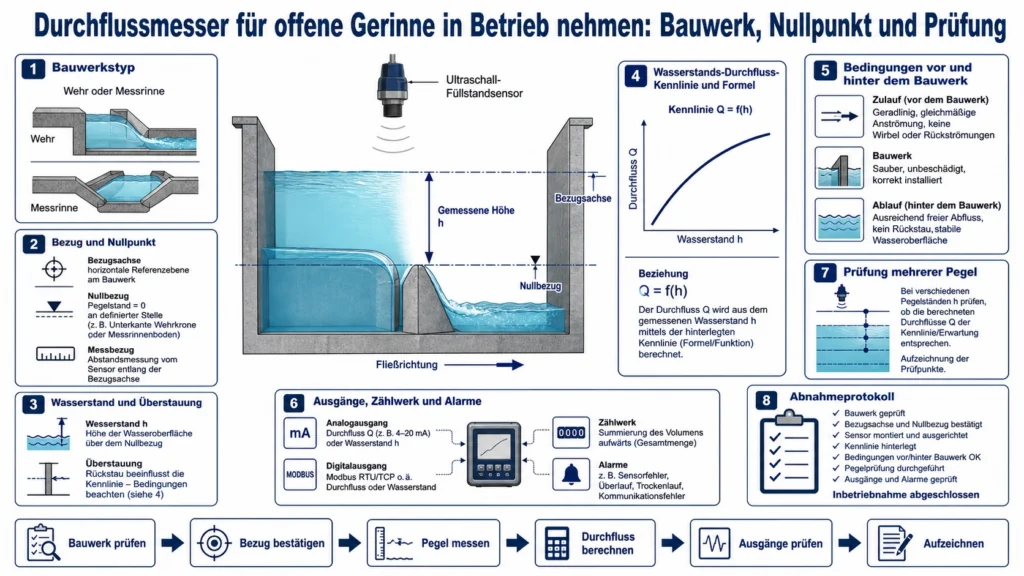 Sensor über einem offenen Messgerinne mit markiertem Nullbezug, Oberwasserstand und Durchflussprüfung