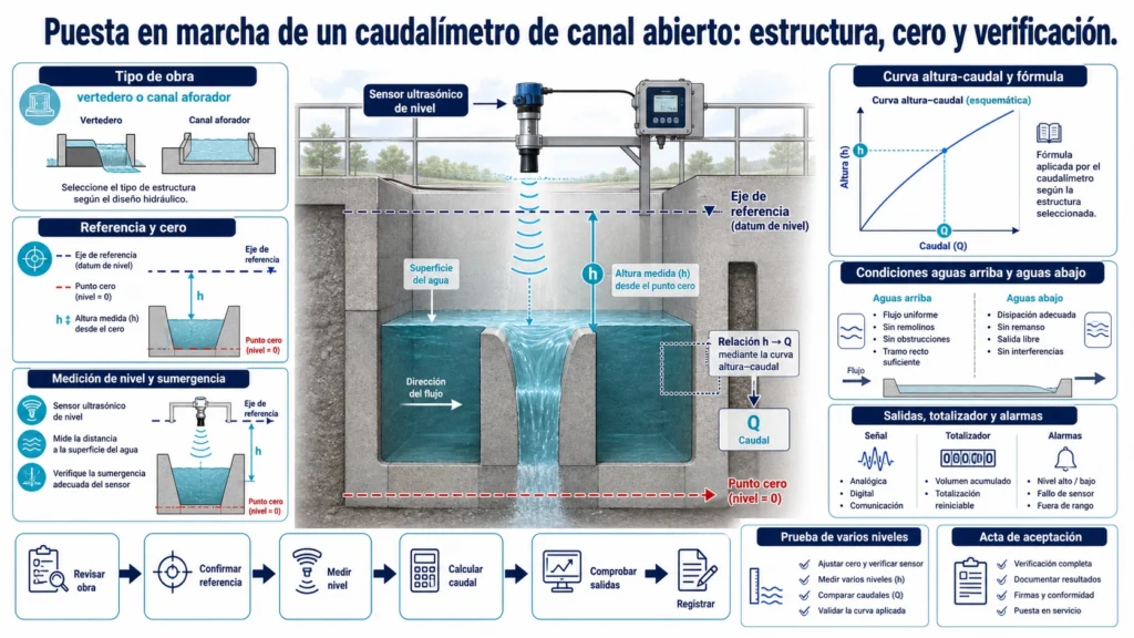 Sensor de caudal de canal abierto sobre un aforador con datum cero, nivel aguas arriba y verificación de caudal señalados