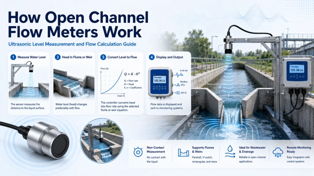 Open channel flow meter with ultrasonic level sensor installed above a flume