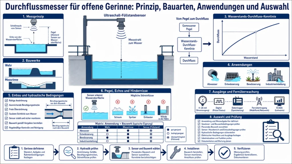 Ultraschallsensor über einem offenen Messgerinne zur Erfassung der Oberfläche und Umrechnung des Pegels in Durchfluss