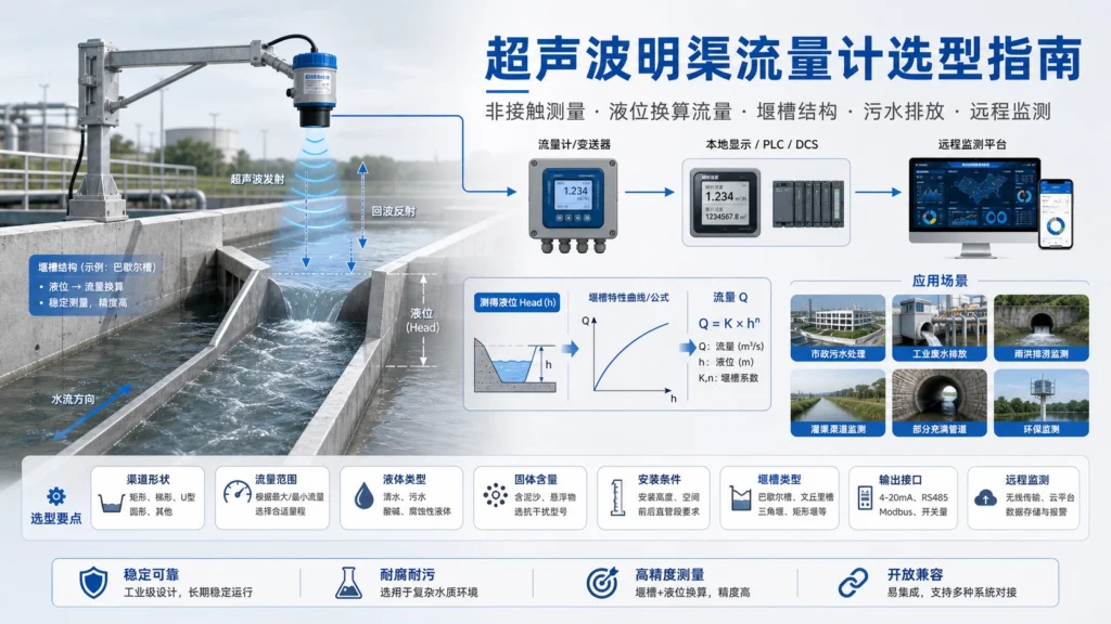 安装在量水槽上方的超声波明渠流量计示意图。