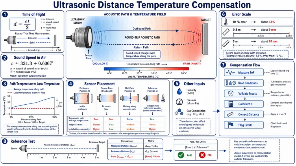 Ultrasonic distance sensor measuring a target through air with a temperature gradient and sound-speed compensation path