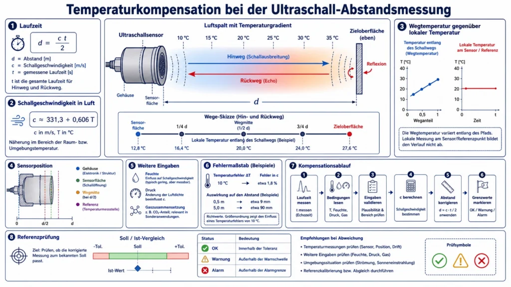 Ultraschallsensor misst durch Luft mit Temperaturgradienten auf ein Ziel entlang eines kompensierten Schallwegs