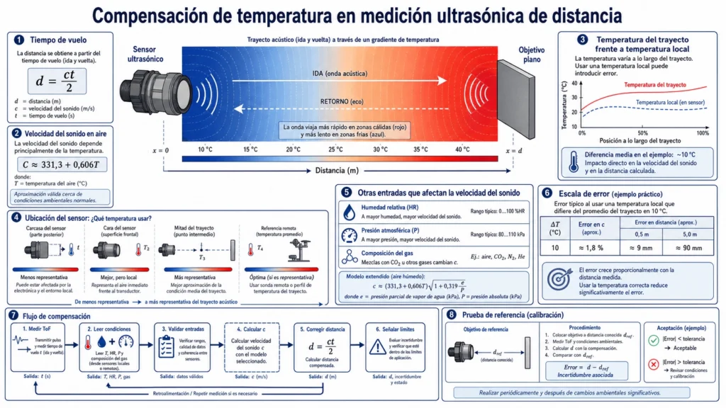 Sensor ultrasónico midiendo un blanco a través de aire con gradiente térmico y trayectoria de compensación de velocidad del sonido
