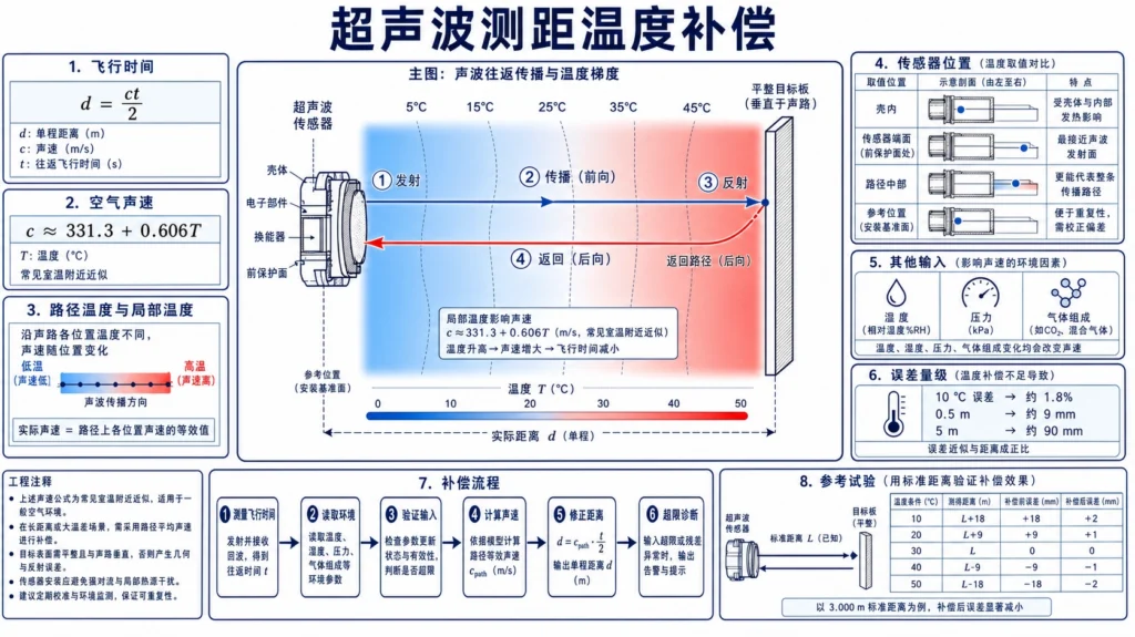 超声波距离传感器穿过具有温度梯度的空气测量目标，并显示声速补偿路径