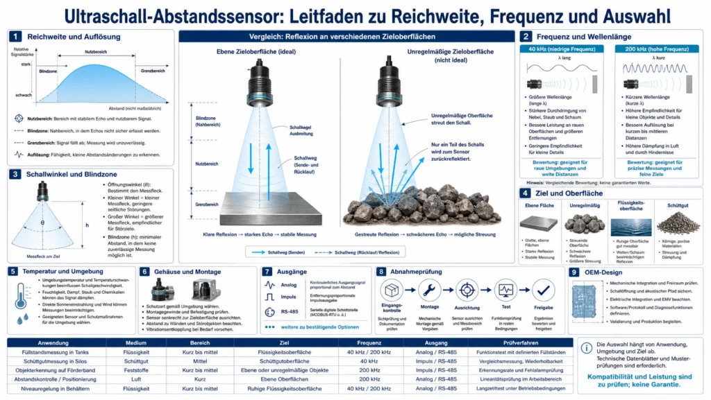 Industrieller Ultraschall-Abstandssensor misst berührungslos ein Ziel mit markierter Reichweite, Blindzone und Schallkeule