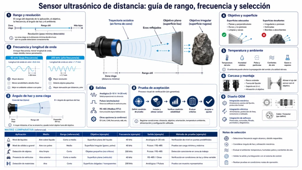 Sensor ultrasónico industrial midiendo sin contacto la distancia a un blanco con rango, zona ciega y haz señalados