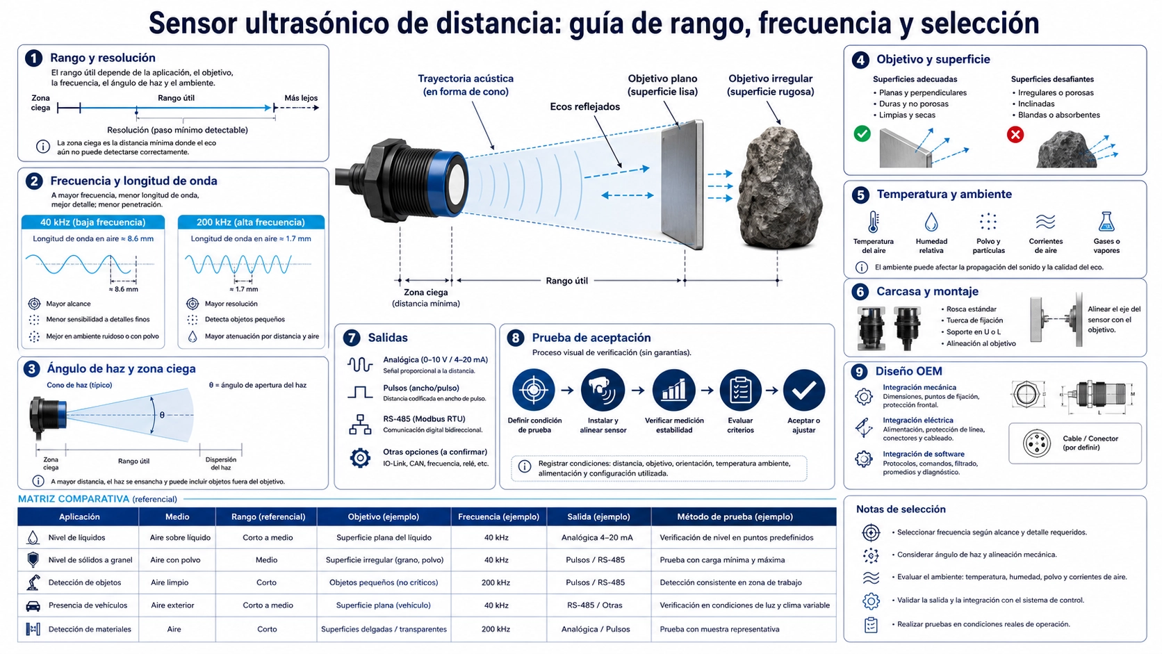 Sensor ultrasónico industrial midiendo sin contacto la distancia a un blanco con rango, zona ciega y haz señalados
