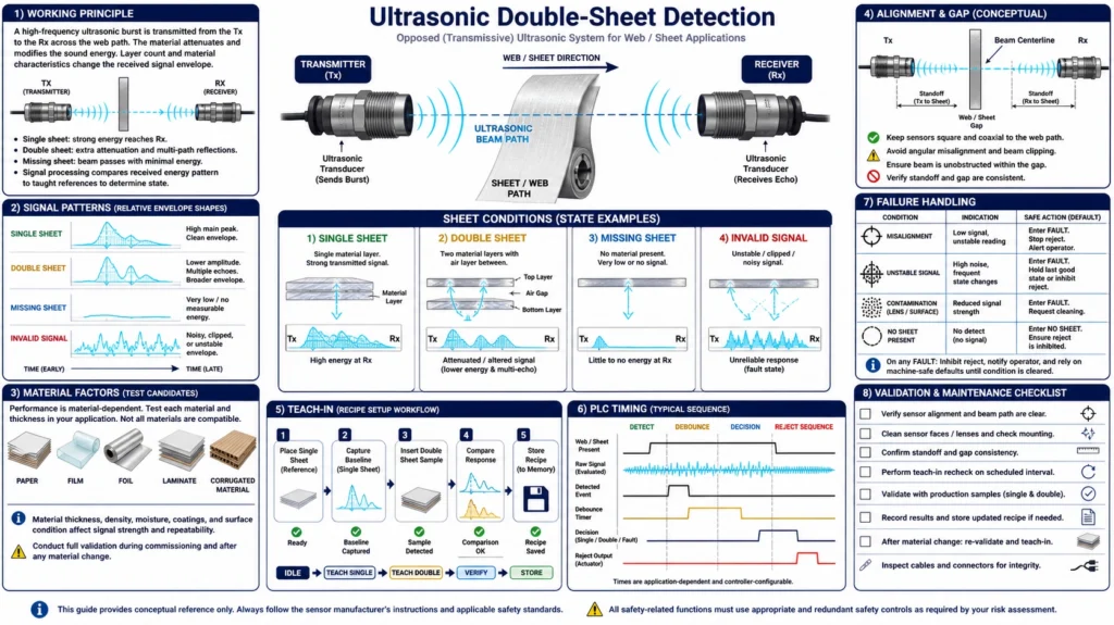 Opposed ultrasonic sensors checking single and double material sheets moving through a production line