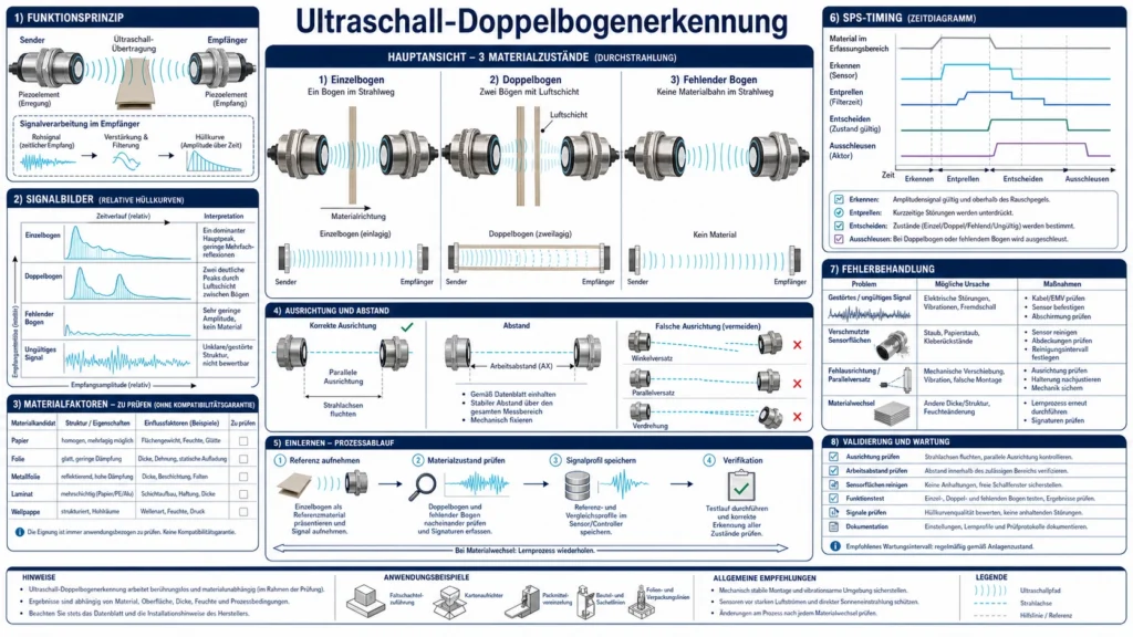 Gegenüberliegende Ultraschallsensoren prüfen einzelne und doppelte Materialbogen auf einer laufenden Produktionslinie
