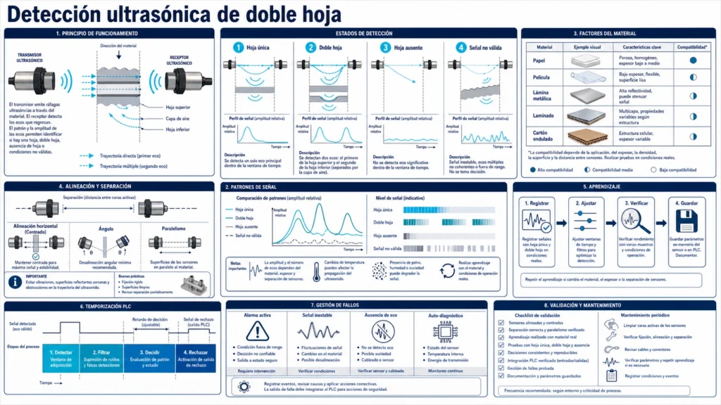 Sensores ultrasónicos opuestos comprueban hojas simples y dobles en movimiento sobre una línea de producción