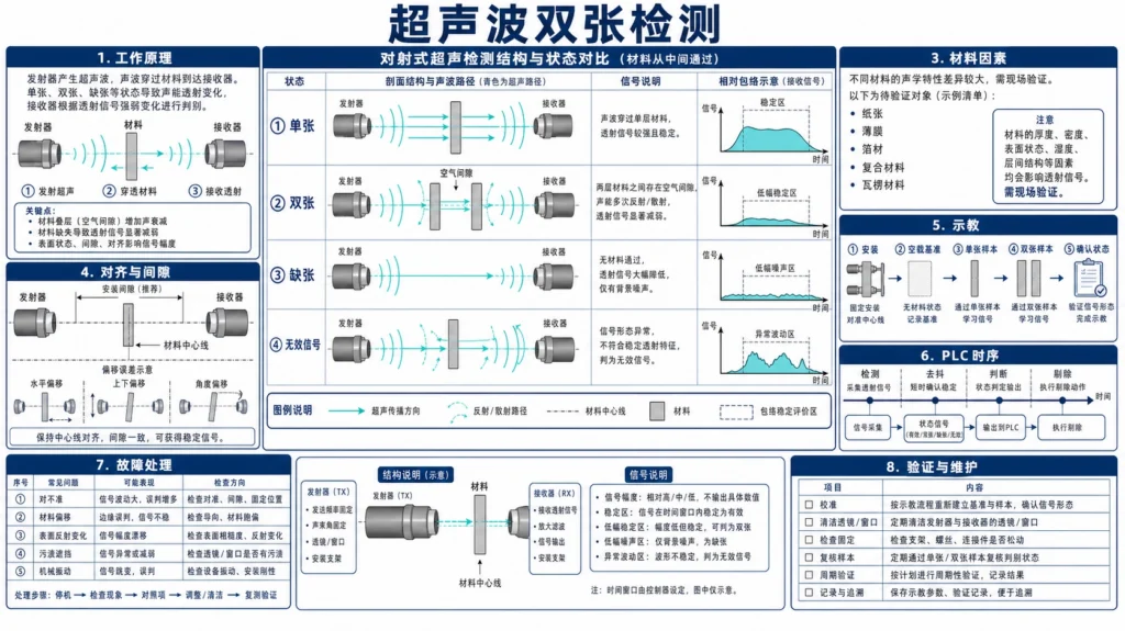 一对对射超声波传感器检测生产线上移动的单张和双张材料