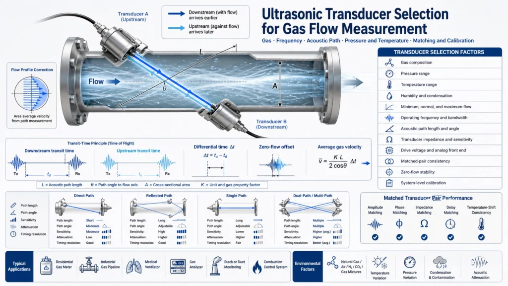 Paired ultrasonic gas flow transducers across an acoustic path with pressure and temperature compensation