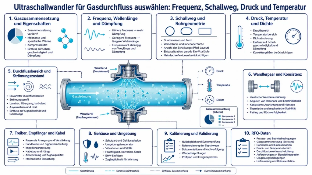 Zwei Ultraschall-Gasdurchflusswandler über einen Schallweg mit gekennzeichnetem Druck und Temperatur