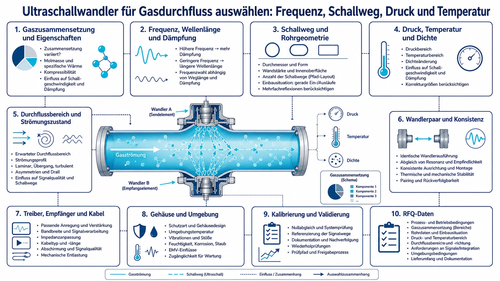 Zwei Ultraschall-Gasdurchflusswandler über einen Schallweg mit gekennzeichnetem Druck und Temperatur