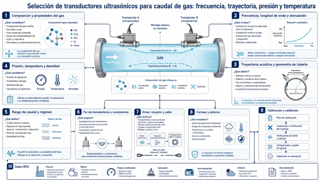 Dos transductores ultrasónicos de caudal de gas enfrentados a través de una trayectoria con presión y temperatura indicadas