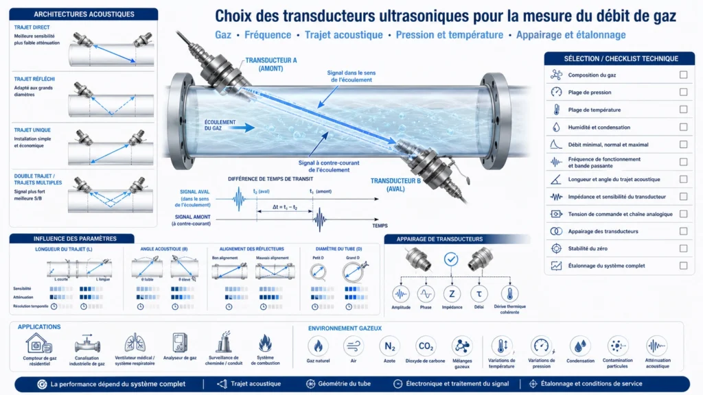Paire de transducteurs ultrasoniques pour débit de gaz avec trajet acoustique et compensation pression température