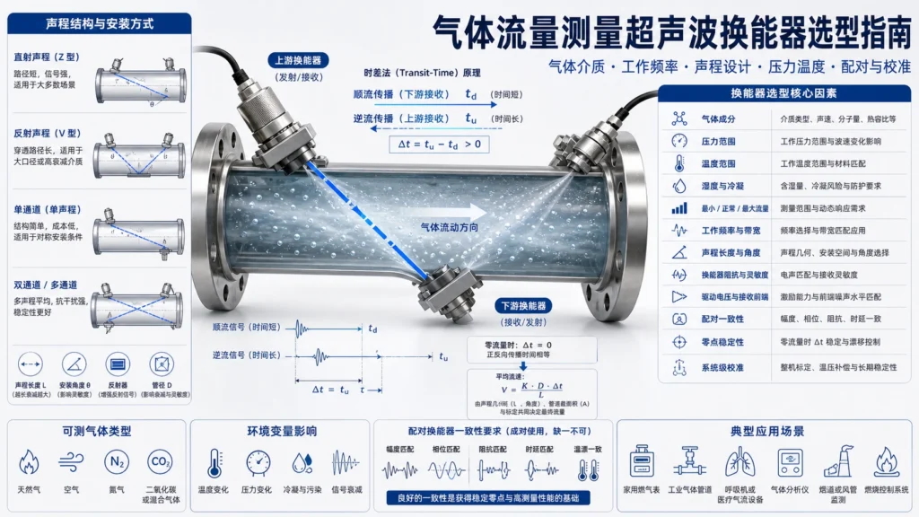 成对超声波气体流量换能器声程及压力温度补偿示意图