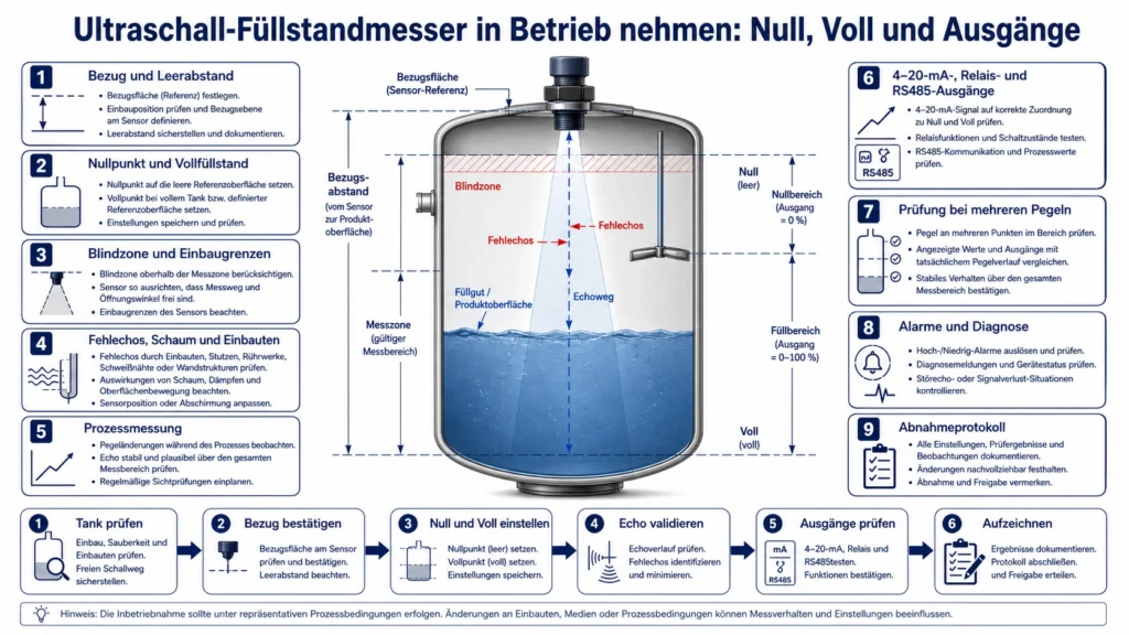 Ultraschall-Füllstandmesser über einem Behälter mit markiertem Null- und Vollpunkt, Blindzone und Ausgangsprüfung