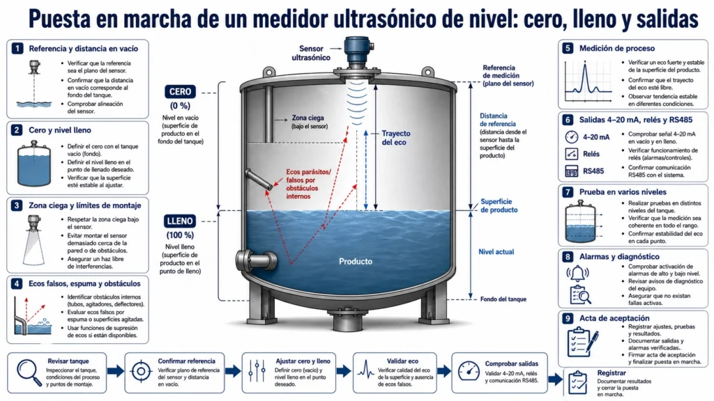 Medidor ultrasónico de nivel sobre un tanque con referencias de cero, lleno, zona ciega y comprobación de salida