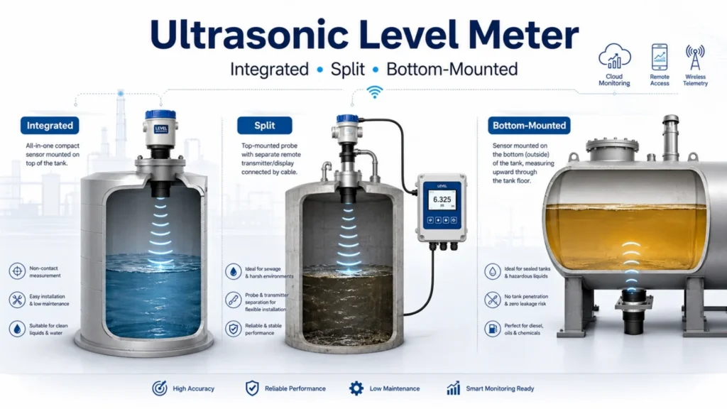 Ultrasonic level meter comparison showing integrated, split, and bottom-mounted types