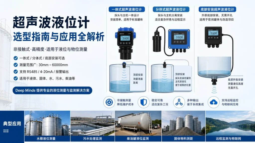 超声波液位计一体式、分体式与底部安装式对比示意图