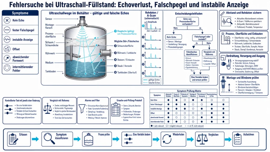Diagnoseanzeige einer Ultraschall-Füllstandmessung mit Echoverlust, Falschreflektor und instabilem Pegel an einem Behälter