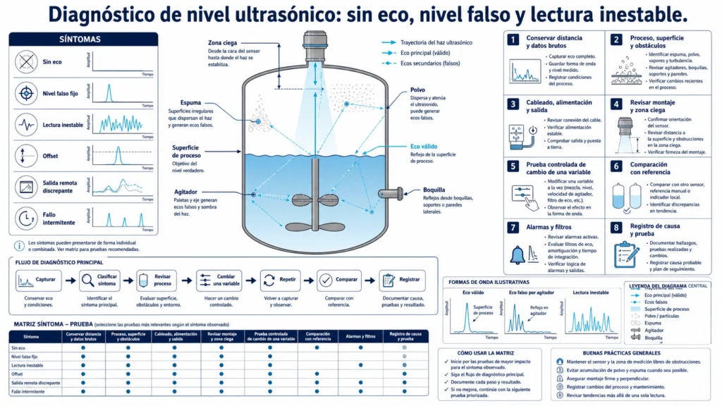 Pantalla de diagnóstico de nivel ultrasónico con indicaciones de eco perdido, reflector falso y lectura inestable en un tanque