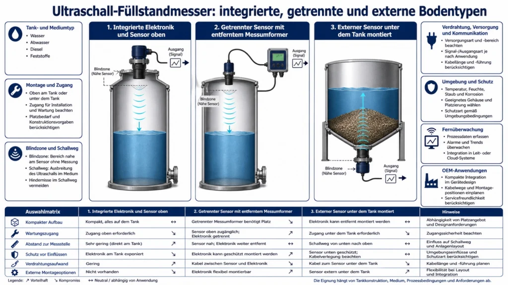 Technischer Vergleich eines integrierten Ultraschall-Füllstandmessers, eines getrennten Systems und eines externen Sensors unter einem Behälter