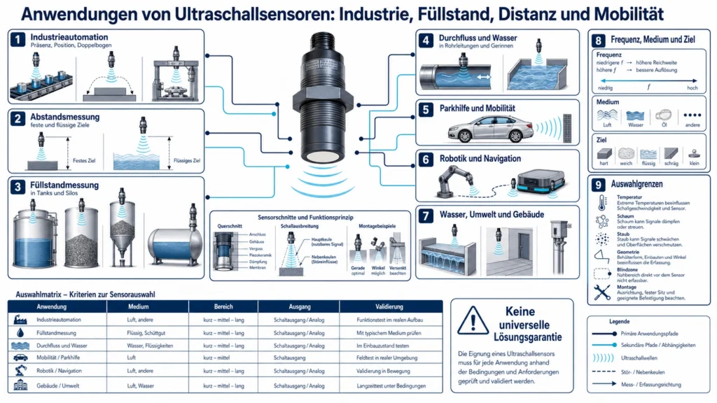 Industrieszene mit Ultraschallsensoren zur Objekterkennung, Abstandsmessung und Füllstandmessung an einem Behälter