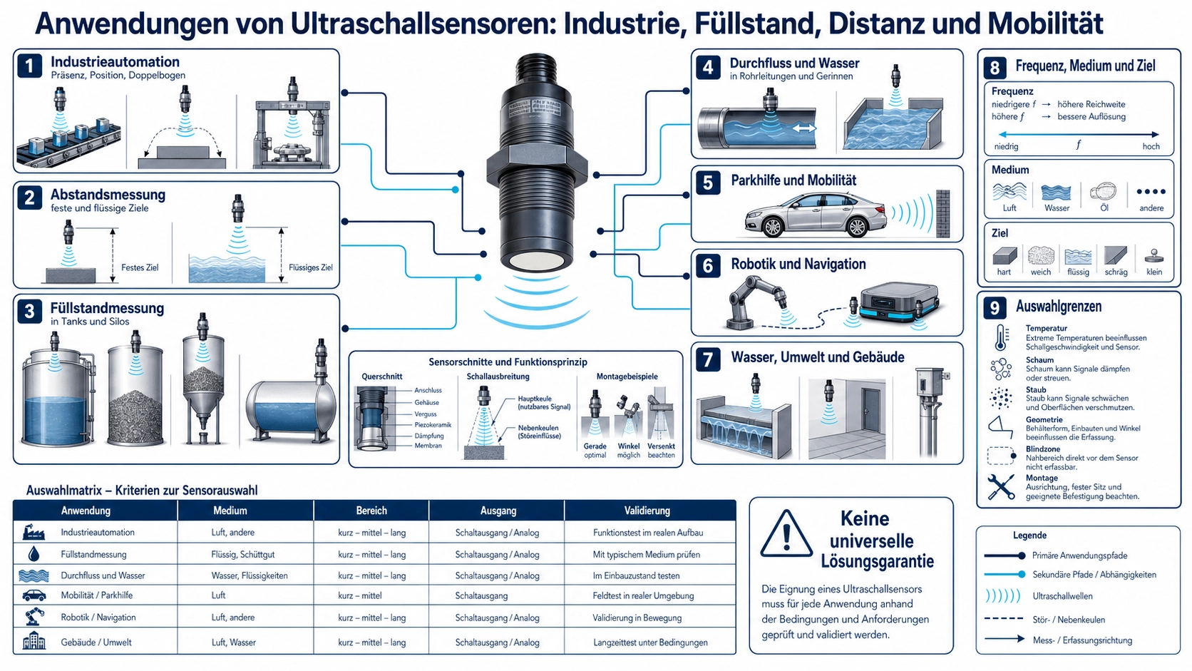 Industrieszene mit Ultraschallsensoren zur Objekterkennung, Abstandsmessung und Füllstandmessung an einem Behälter