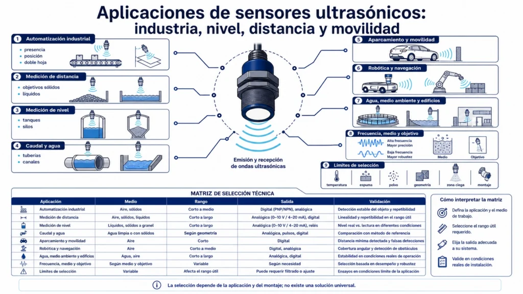 Escena industrial con sensor ultrasónico aplicado a detección de objetos, distancia y nivel de un depósito