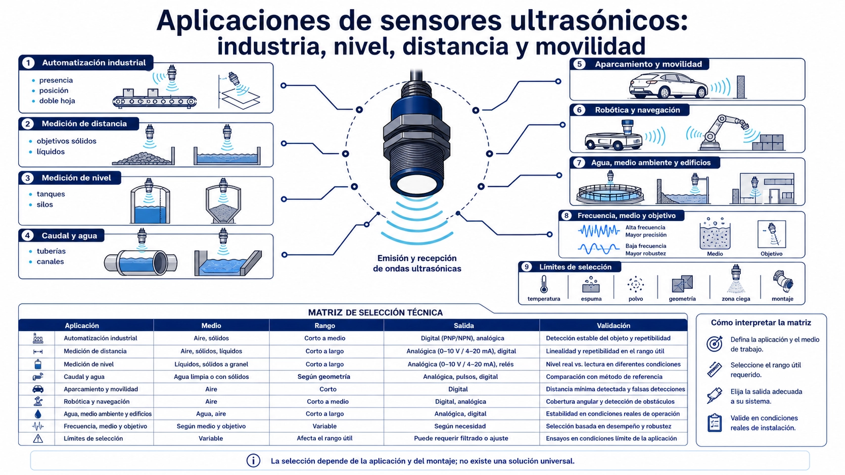 Escena industrial con sensor ultrasónico aplicado a detección de objetos, distancia y nivel de un depósito