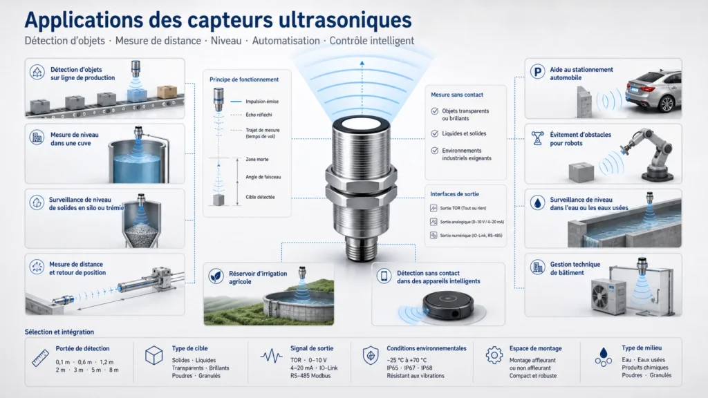 Mesure de niveau liquide industrielle illustrant une application des capteurs ultrasoniques.