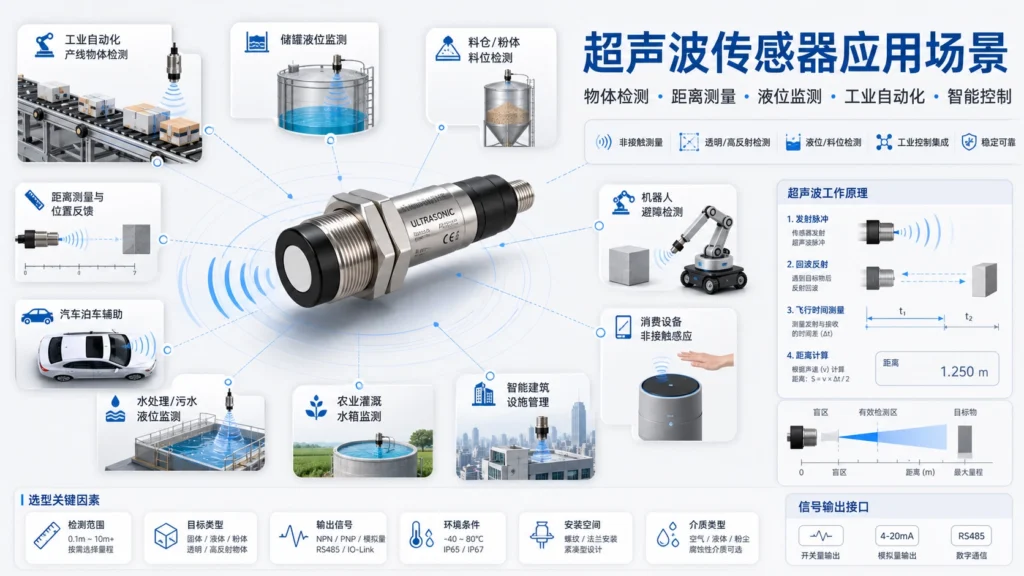 超声波传感器在工业液位测量中的应用示意图。