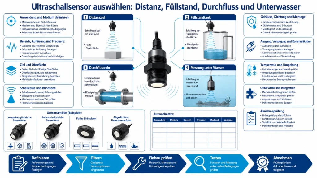 Ingenieur vergleicht Ultraschallsensoren für Luftdistanz, Tankfüllstand, Rohrdurchfluss und Unterwassertiefe