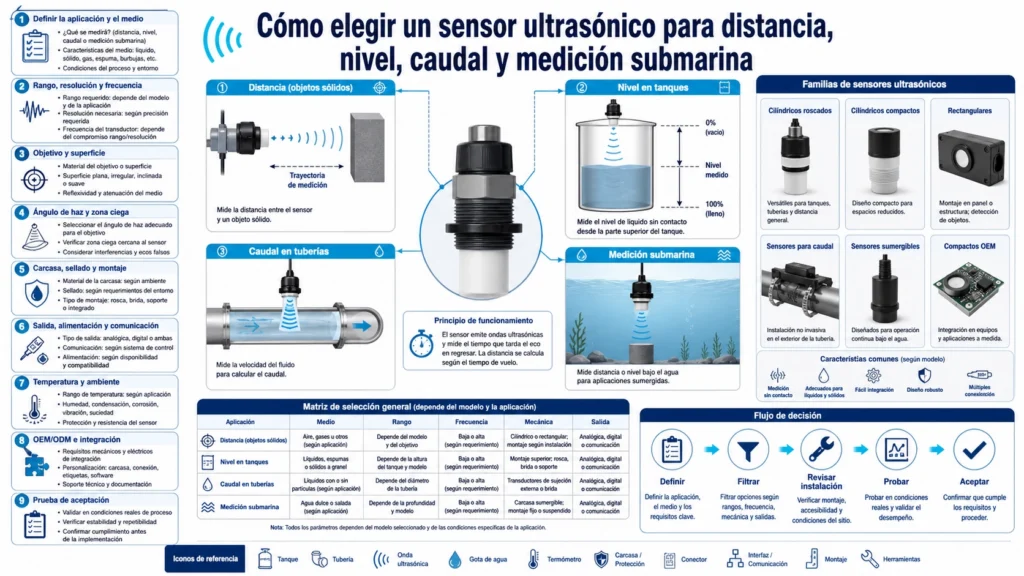 Ingeniero comparando sensores ultrasónicos para distancia en aire, nivel de tanque, caudal en tubería y profundidad submarina