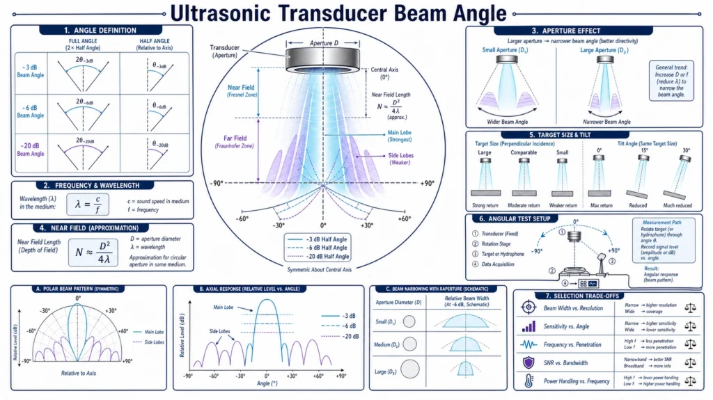 Ultrasonic transducer beam pattern showing aperture, near field, main lobe, side lobes, and angular response