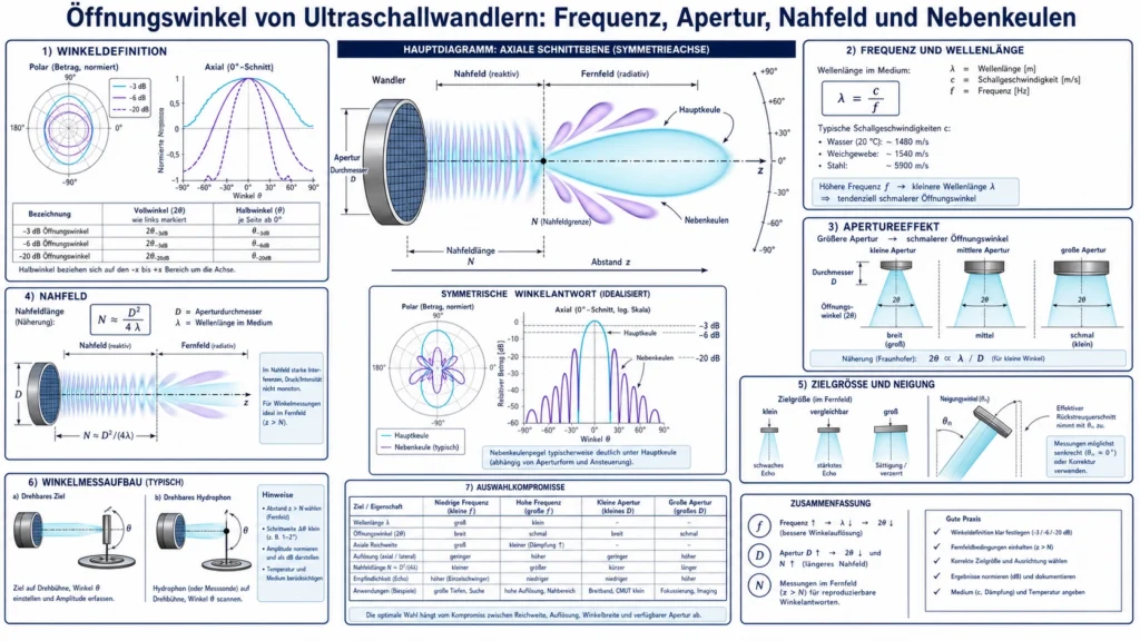Technisches Ultraschall-Richtdiagramm mit Apertur, Nahfeld, Hauptkeule, Nullstellen und Nebenkeulen