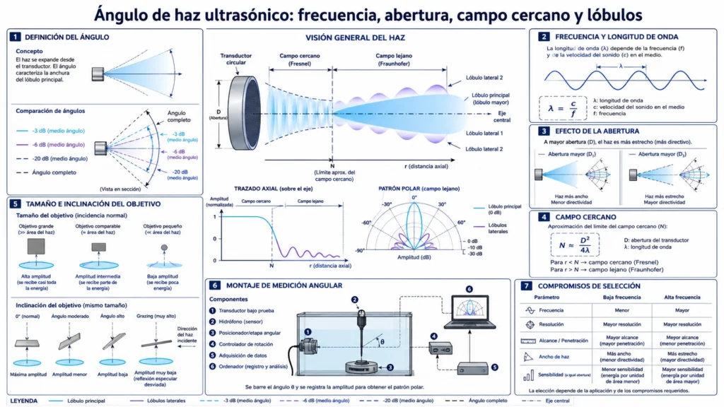 Diagrama técnico de un haz ultrasónico con abertura, campo cercano, lóbulo principal, nulos y lóbulos laterales